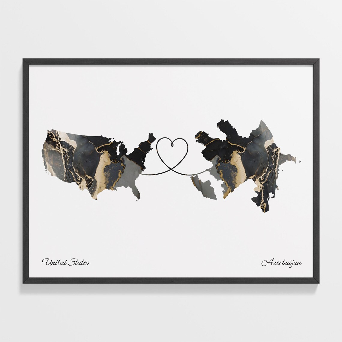 United States to Azerbaijan Marble Map with Heart Love Poster