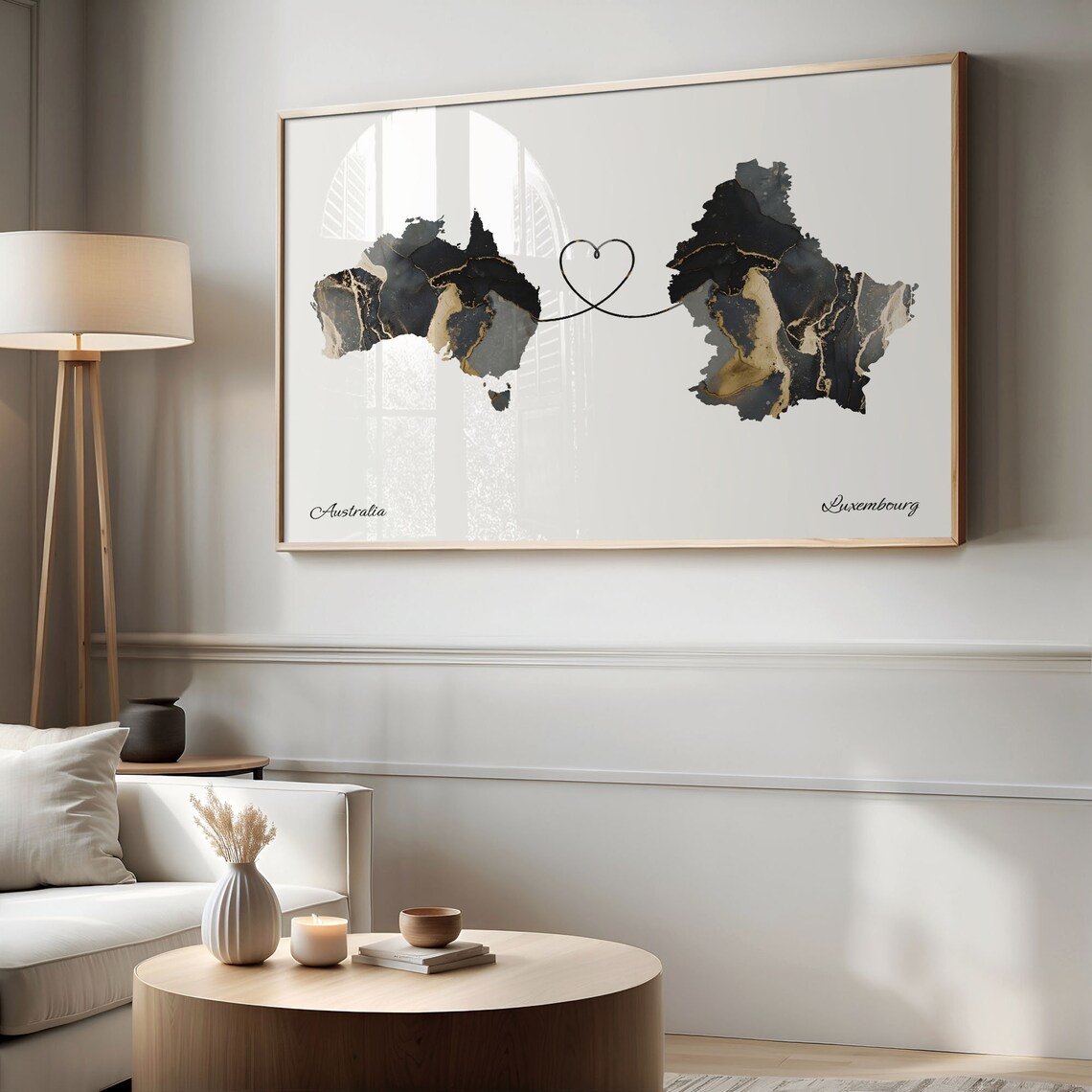 Australia to Luxembourg Black Gold Marble Heart Connection Map Poster - Image 2