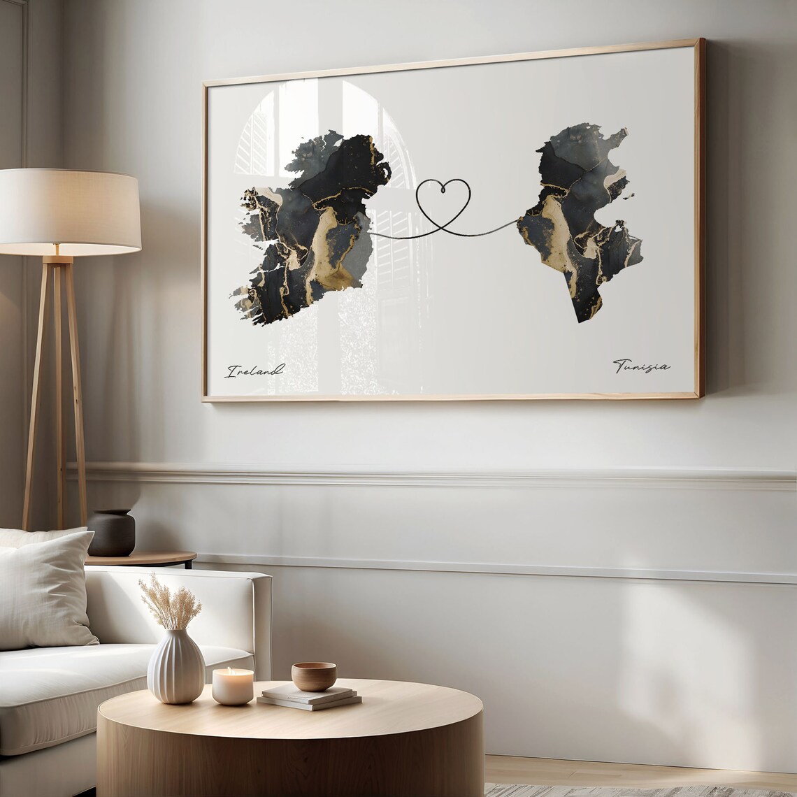Ireland to Tunisia Black Gold Marble Map Heart Line Art Poster - Image 2