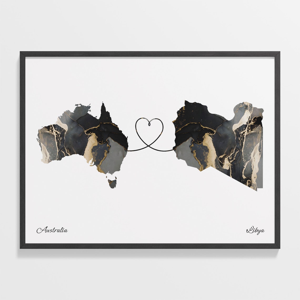 Australia and Libya Two Countries Black Gold Marble Map Poster