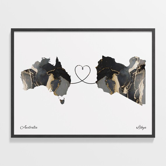 Australia and Libya Two Countries Black Gold Marble Map Poster