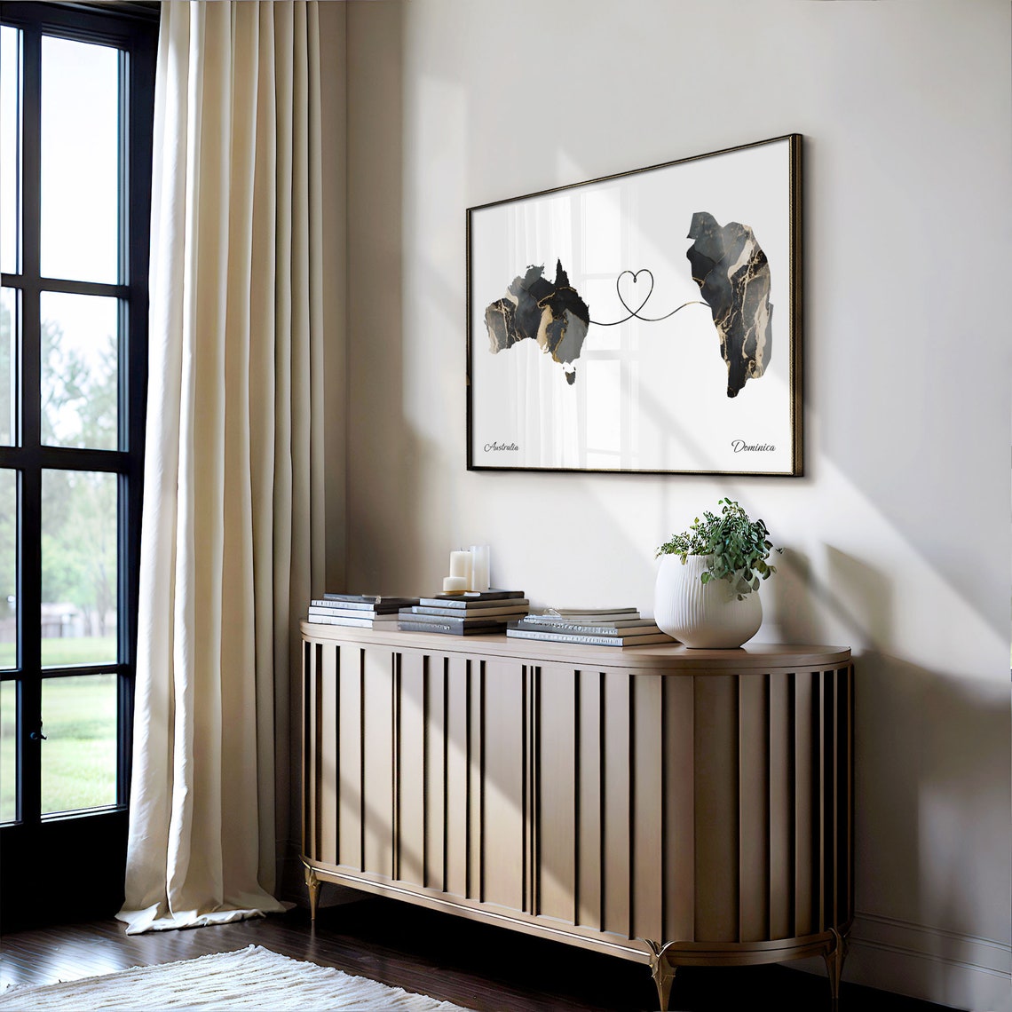 Australia and Dominica Black Marble Heart Connection Map Poster - Image 4