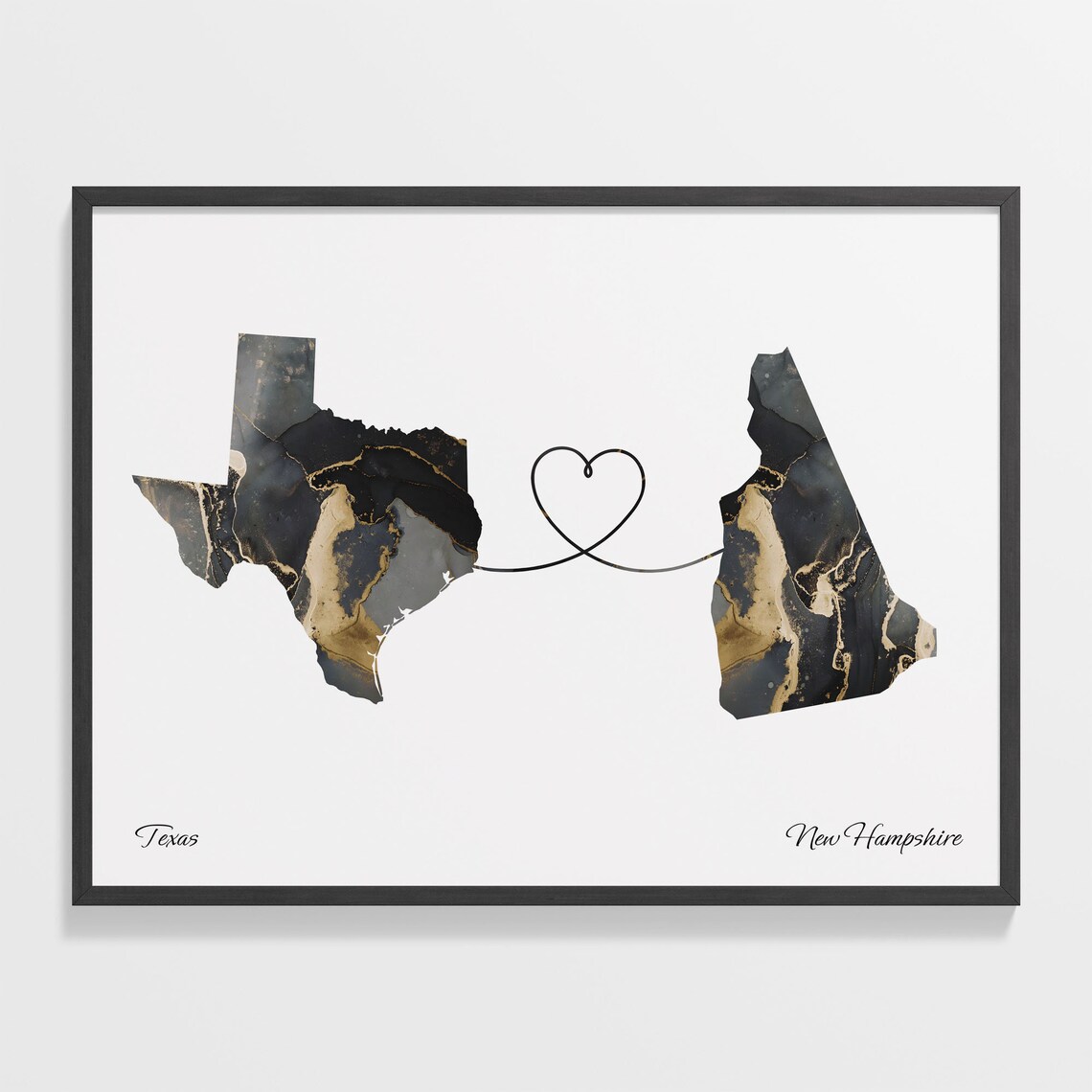 Texas and New Hampshire Black Gold Marble Map Heart Connection Poster