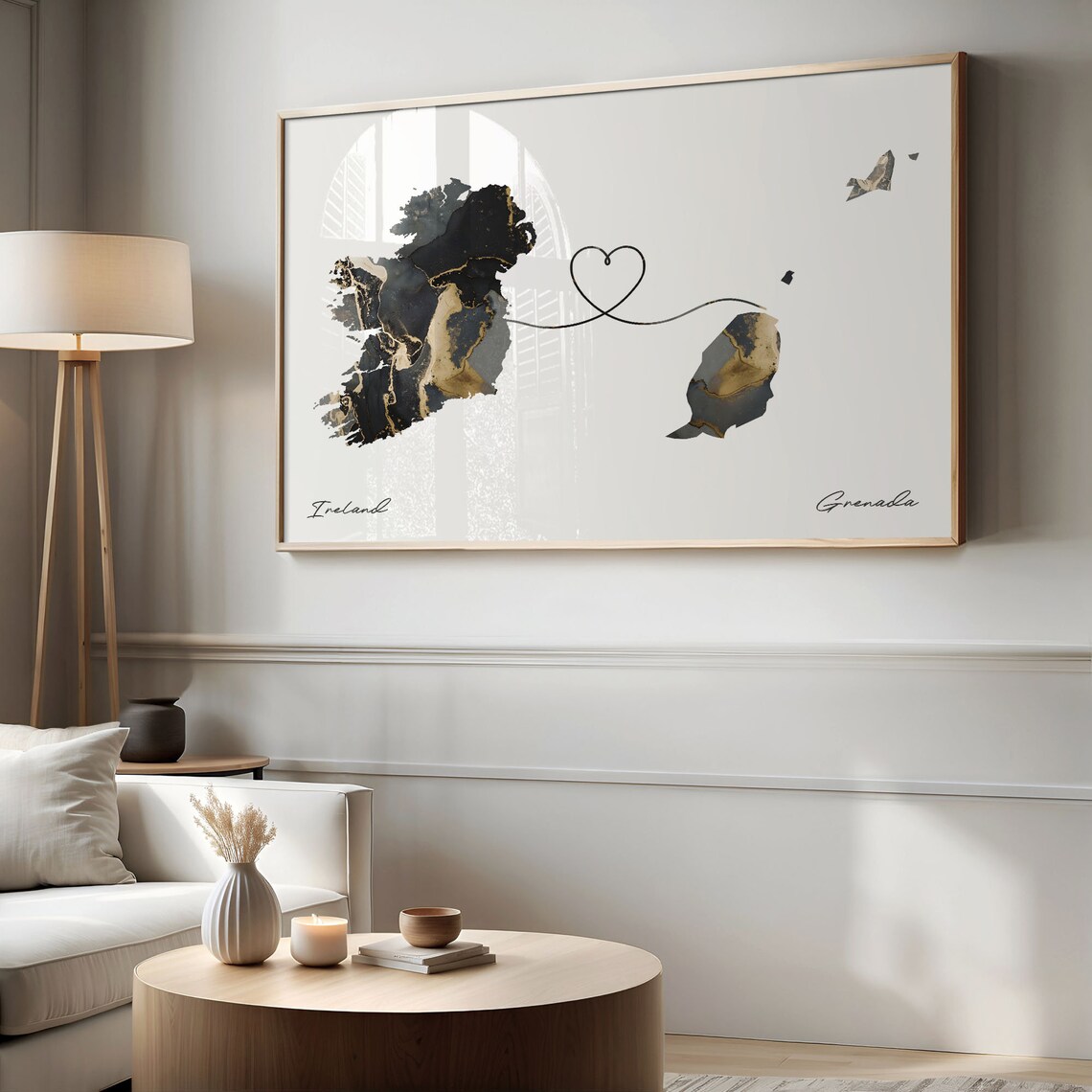 Ireland To Grenada Heart Connected Black Marble Country Map Poster - Image 2