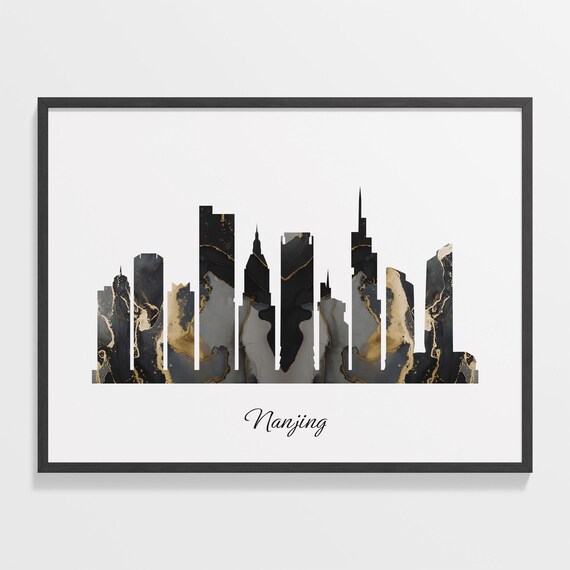 Nanjing China Marble Skyline Black Gold Minimalist Cityscape Poster