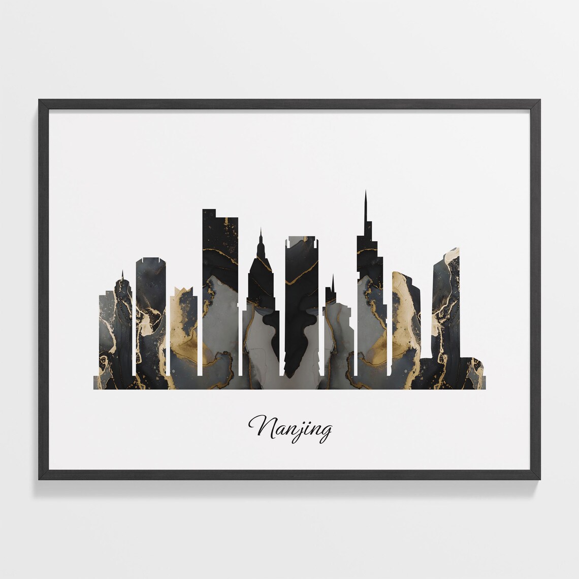 Nanjing China Marble Skyline Black Gold Minimalist Cityscape Poster