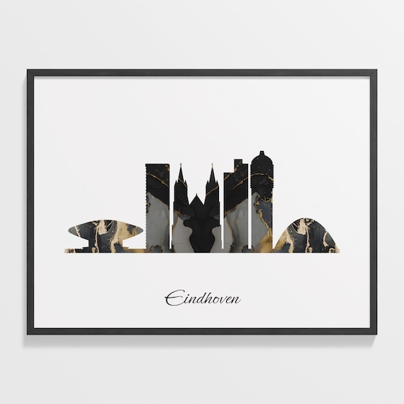 Eindhoven Netherlands Marble Skyline Black Gold Minimalist Cityscape Poster