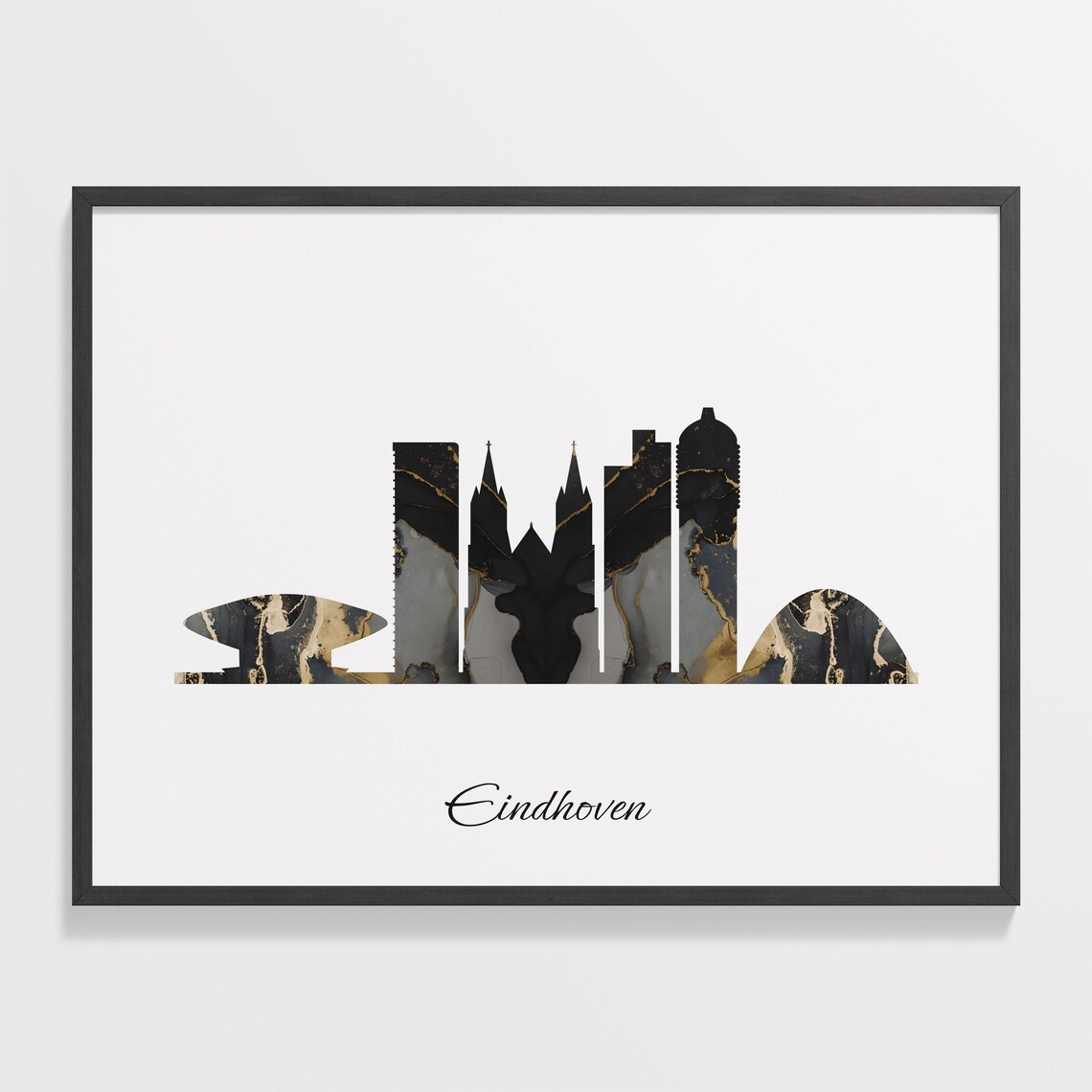 Eindhoven Netherlands Marble Skyline Black Gold Minimalist Cityscape Poster