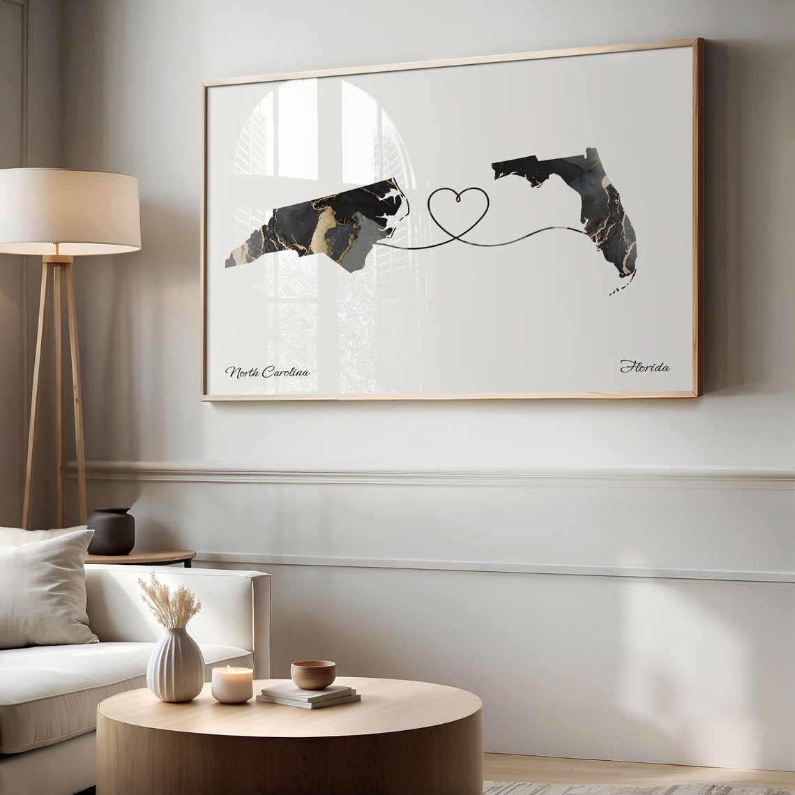 North Carolina Florida Long Distance Love Black Gold Marble Map Poster - Image 2