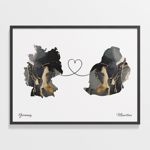 Germany and Mauritius Two Countries Black Gold Marble Map Poster
