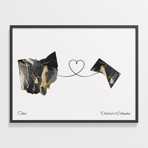 Long Distance Ohio to District of Columbia Heart Connection Marble Map Poster