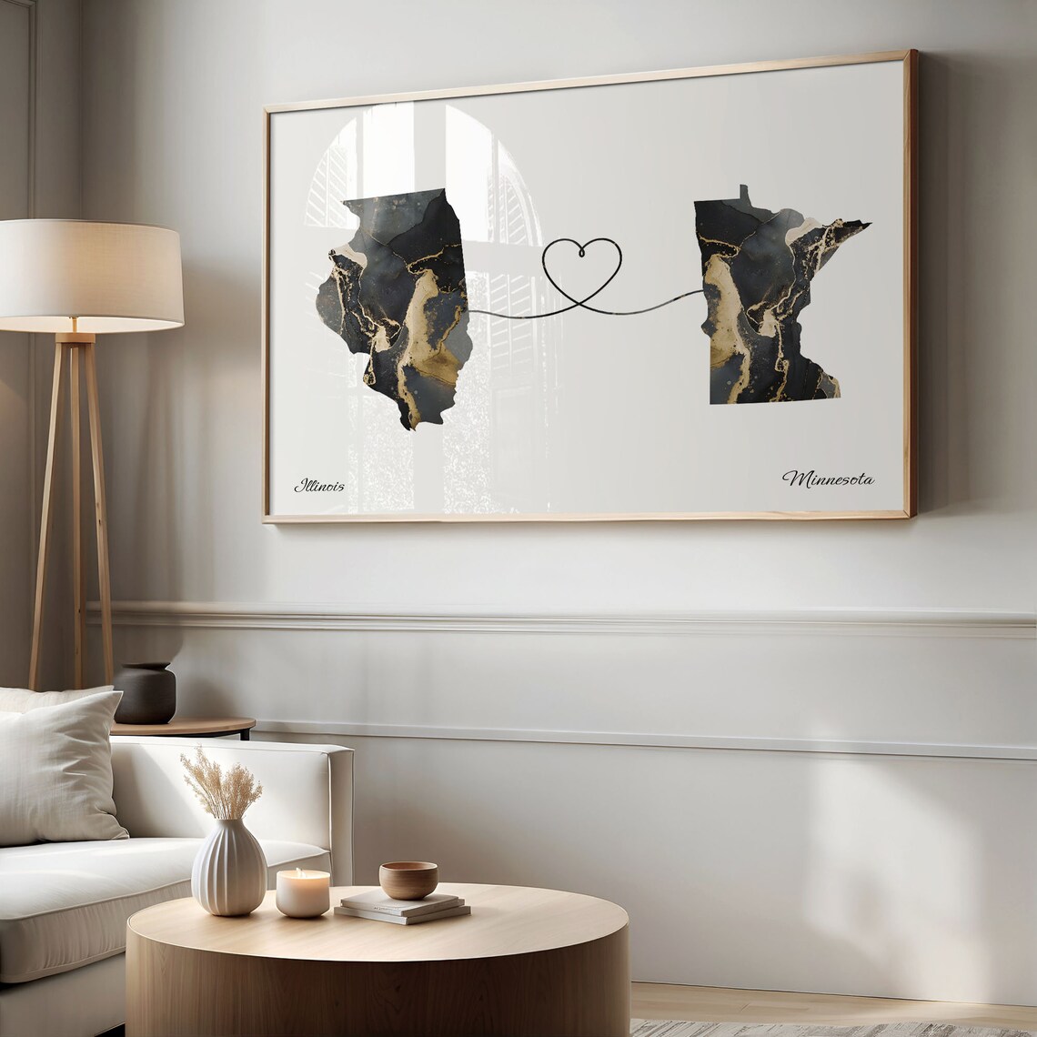 Illinois to Minnesota Black Gold Marble Map Heart Connection Poster - Image 2