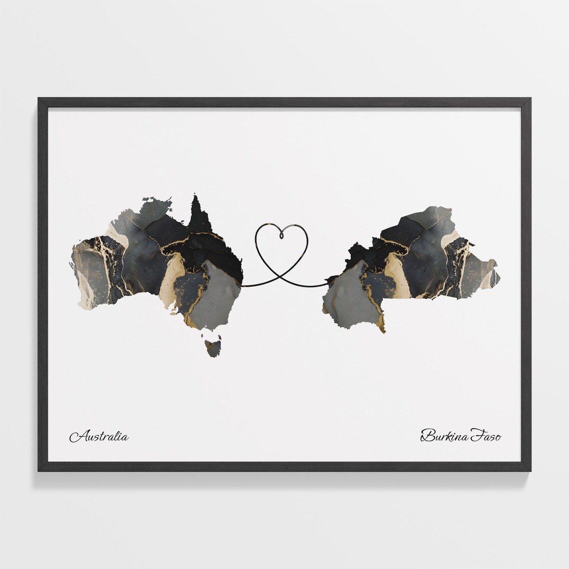 Australia to Burkina Faso Black and Gold Marble Two Country Map Poster
