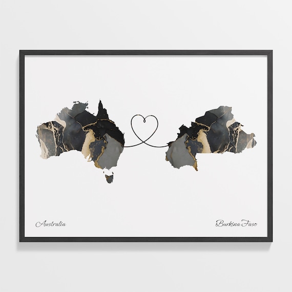 Australia to Burkina Faso Black and Gold Marble Two Country Map Poster