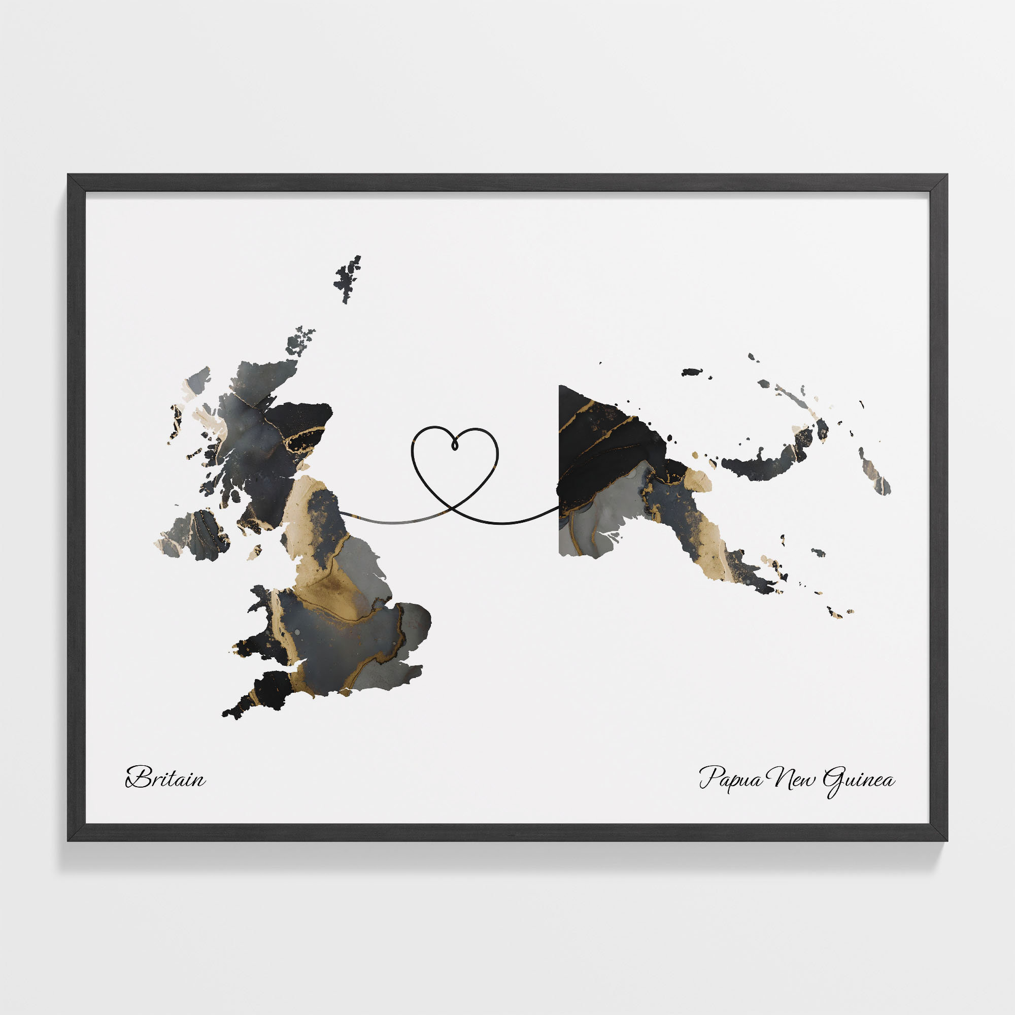 Britain and Papua New Guinea Heart Connection Black and Gold Marble Poster
