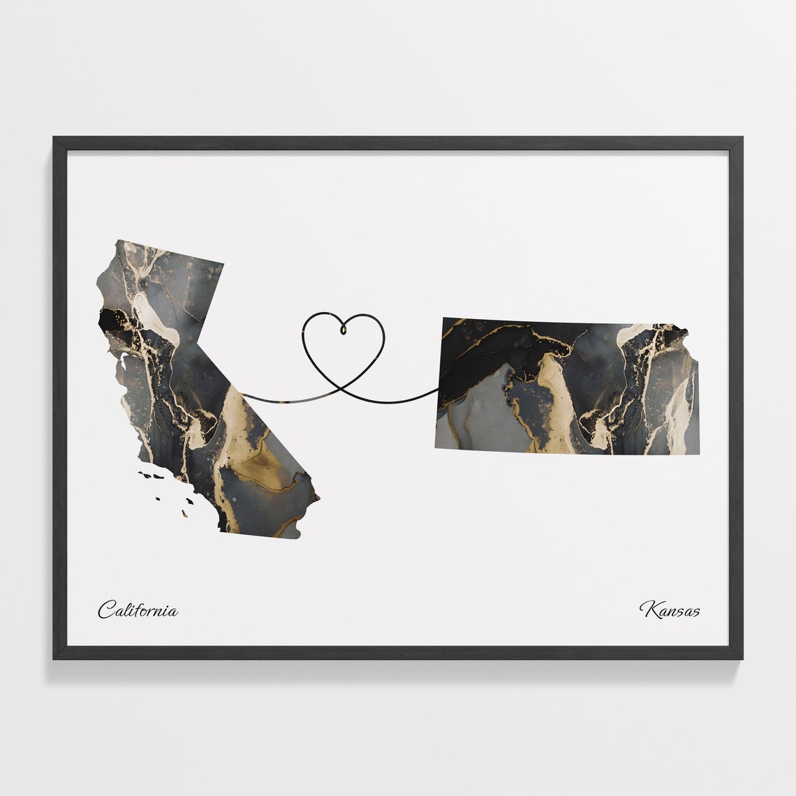 California to Kansas Black Gold Marble Map Heart Line Art Poster