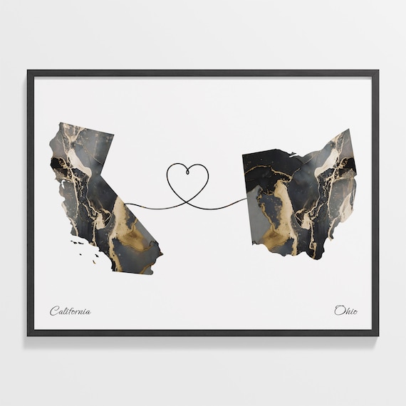 California to Ohio Black Gold Marble Map Heart Line Art Poster