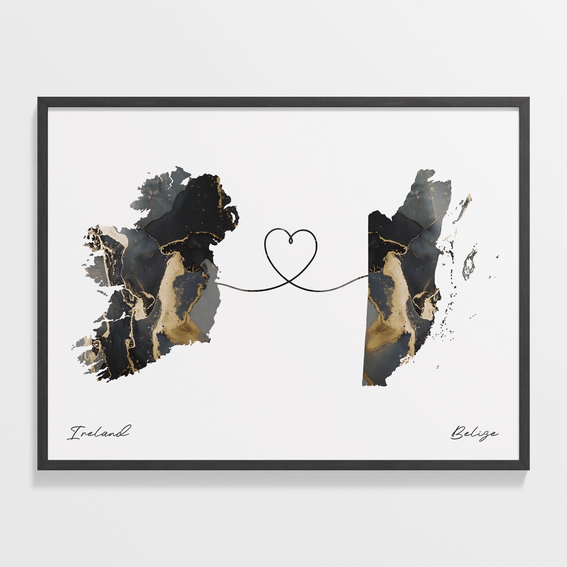 Ireland To Belize Heart Connected Black Marble Country Map Poster
