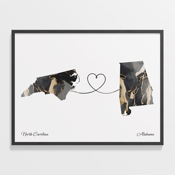 North Carolina Alabama Long Distance Black Gold Marble Heart Map Poster