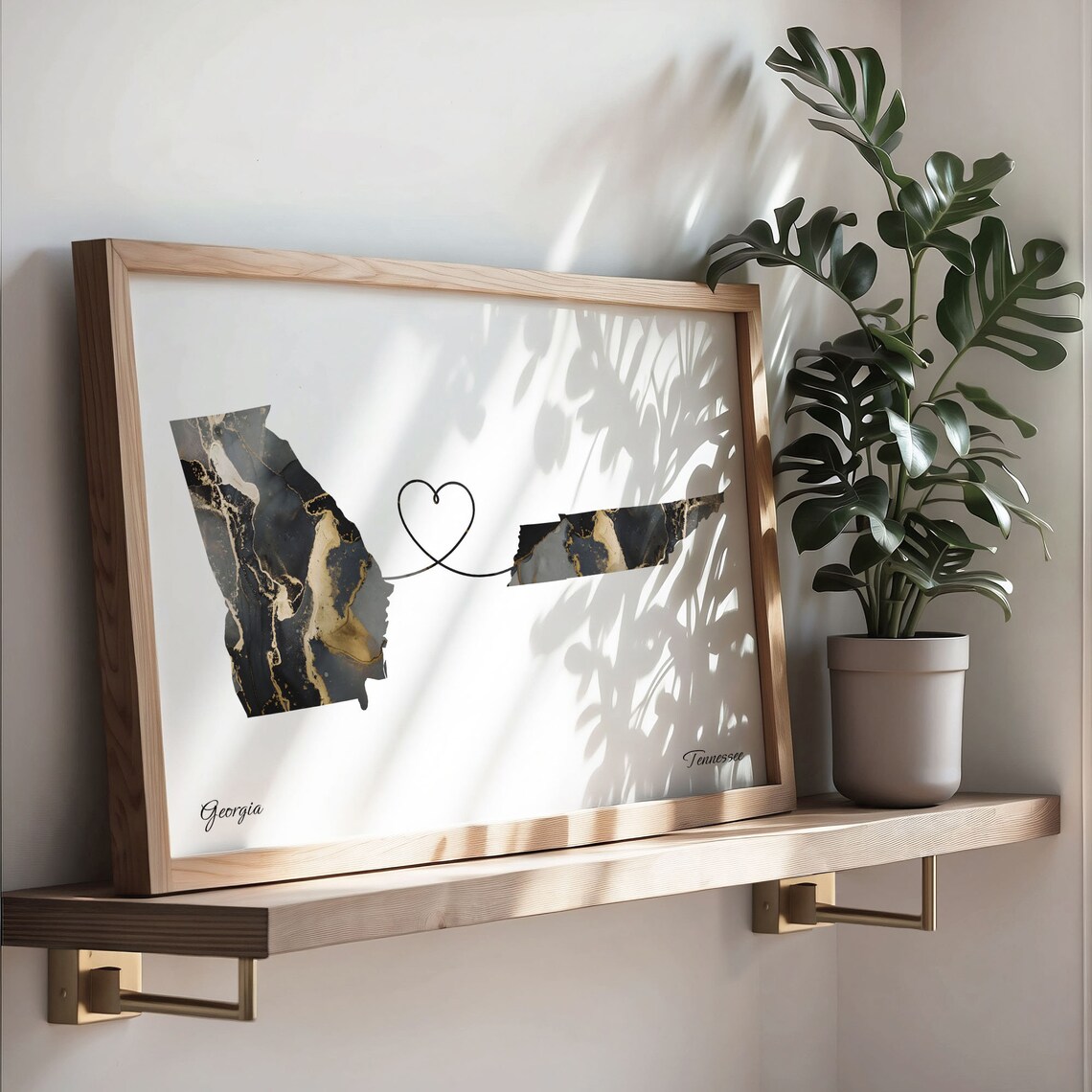 Georgia Tennessee Long Distance Black Gold Marble Heart Map Poster - Image 3