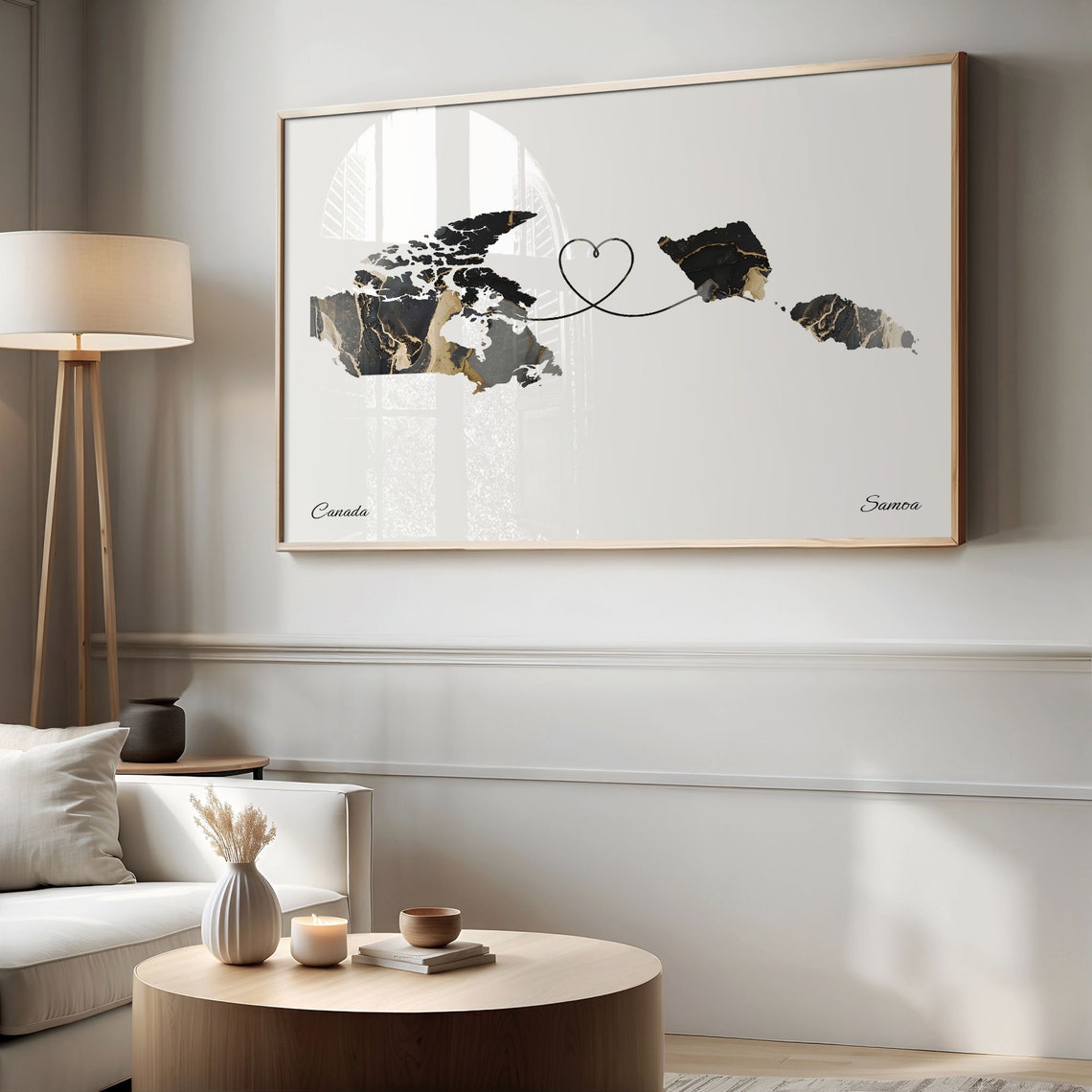 Canada To Samoa Black Gold Marble Long Distance Heart Map Poster - Image 2