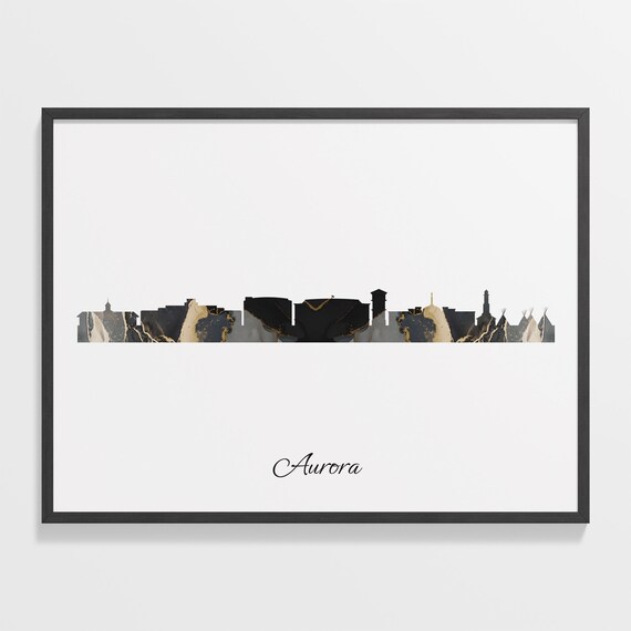 Aurora Luxury Black Gold Marble City Skyline Silhouette Poster
