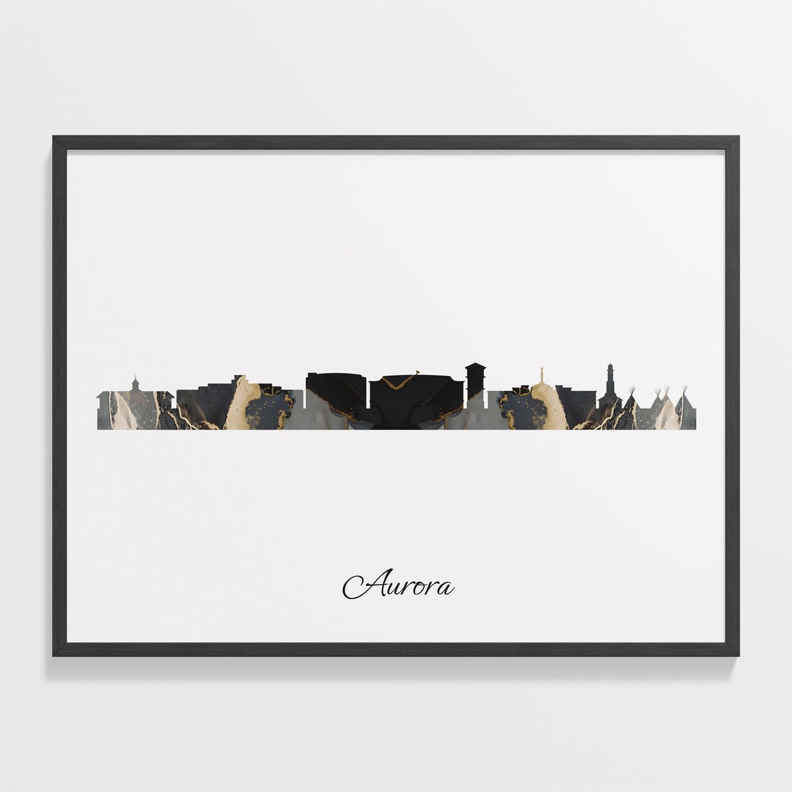 Aurora Luxury Black Gold Marble City Skyline Silhouette Poster