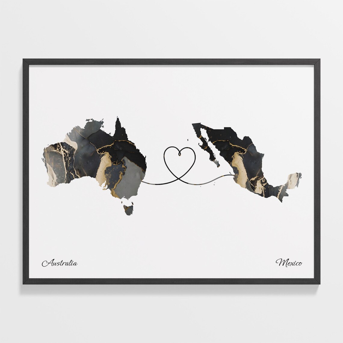 Australia Mexico Long Distance Love Black Marble Heart Map Poster