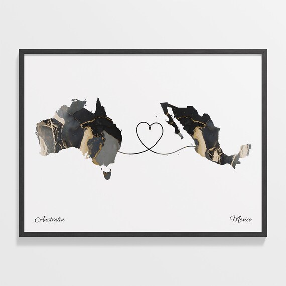 Australia Mexico Long Distance Love Black Marble Heart Map Poster