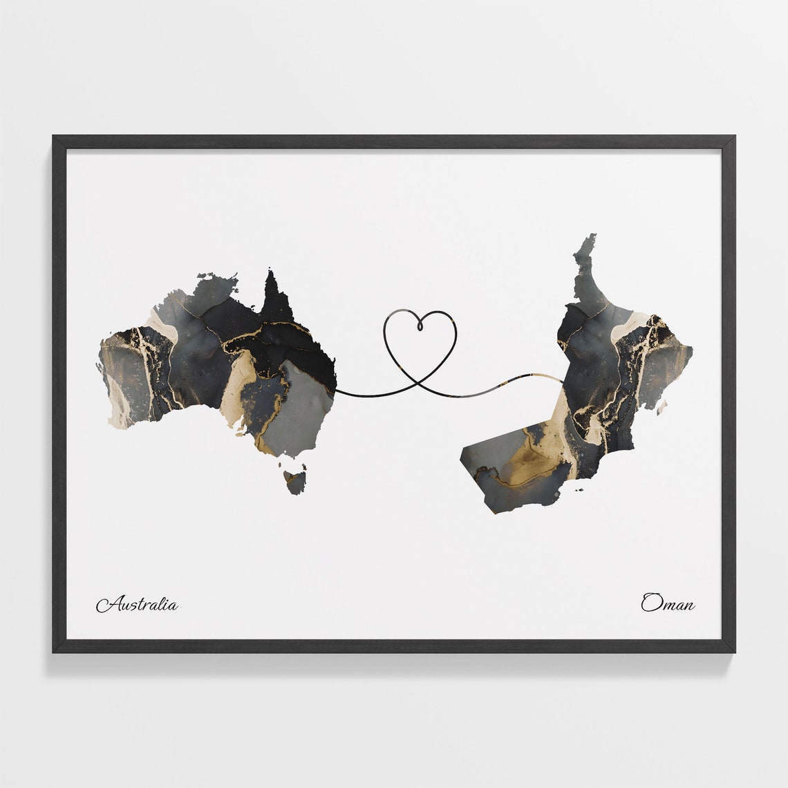 Australia Oman Long Distance Love Heart Marble Map Gift Poster