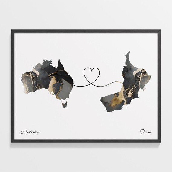 Australia Oman Long Distance Love Heart Marble Map Gift Poster