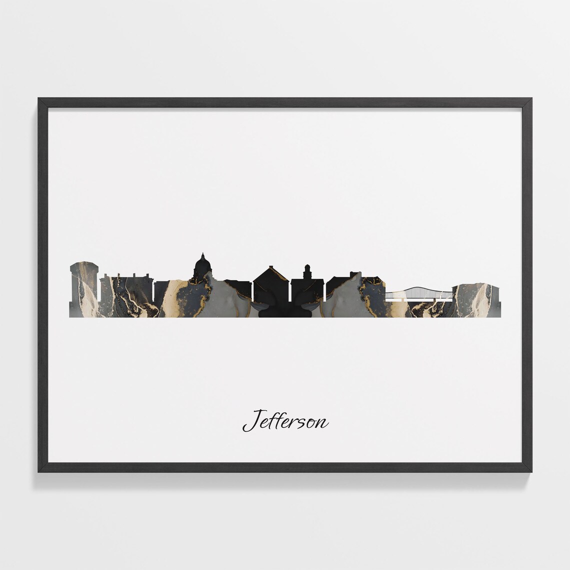 Marble Cityscape Jefferson Skyline United States Black Gold Elegant Art Poster