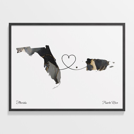 Florida to Puerto Rico Marble State Map Heart Long Distance Connection Poster