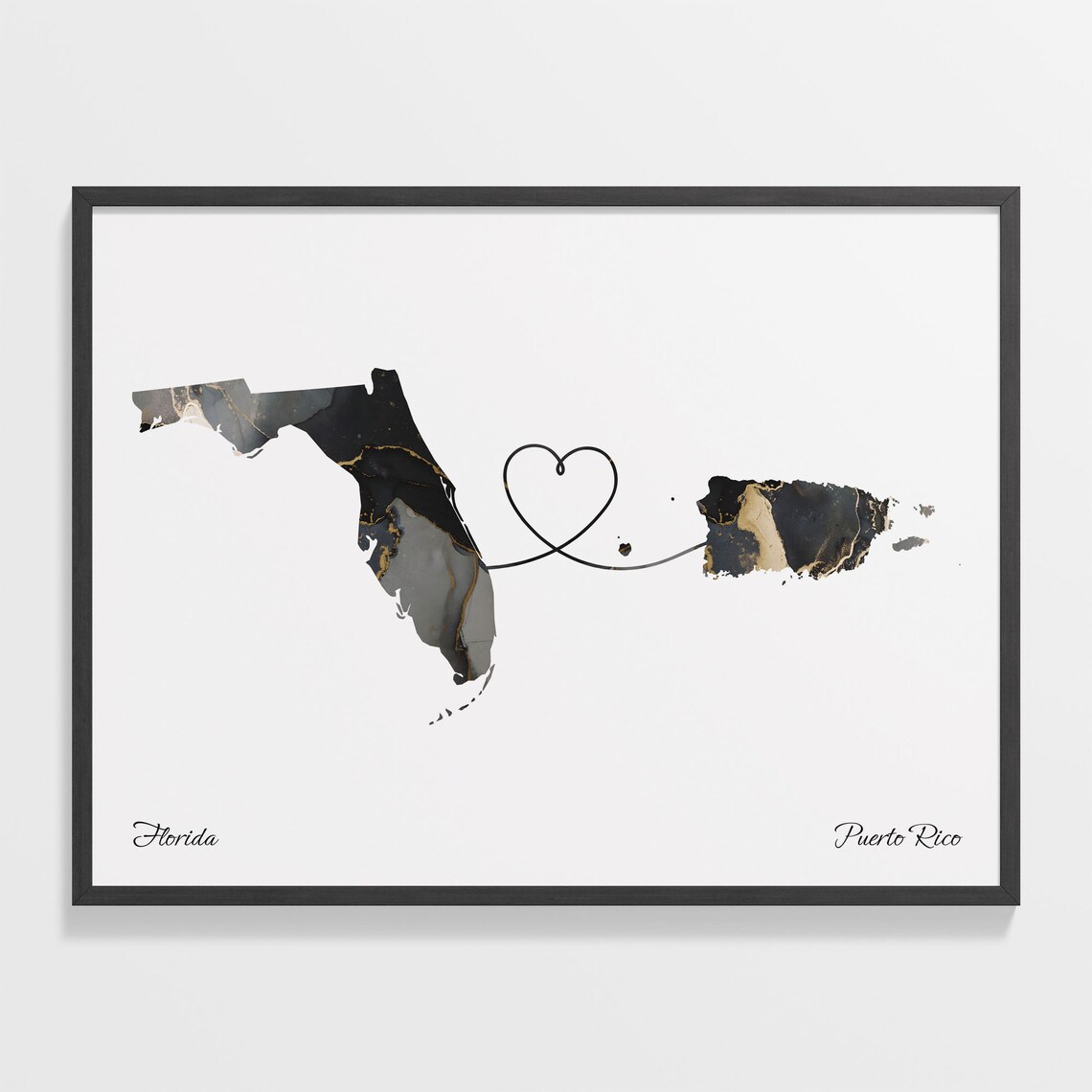 Florida to Puerto Rico Marble State Map Heart Long Distance Connection Poster