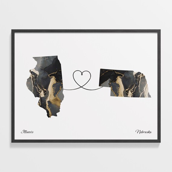 Illinois to Nebraska Long Distance Love Marble Map Art Poster