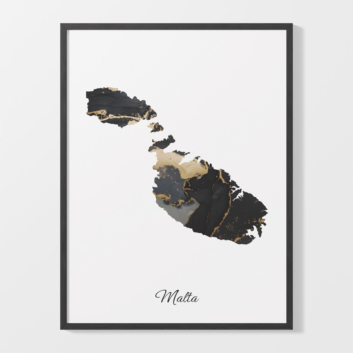 Malta Black and Gold Marble Country Map Silhouette Minimalist Poster