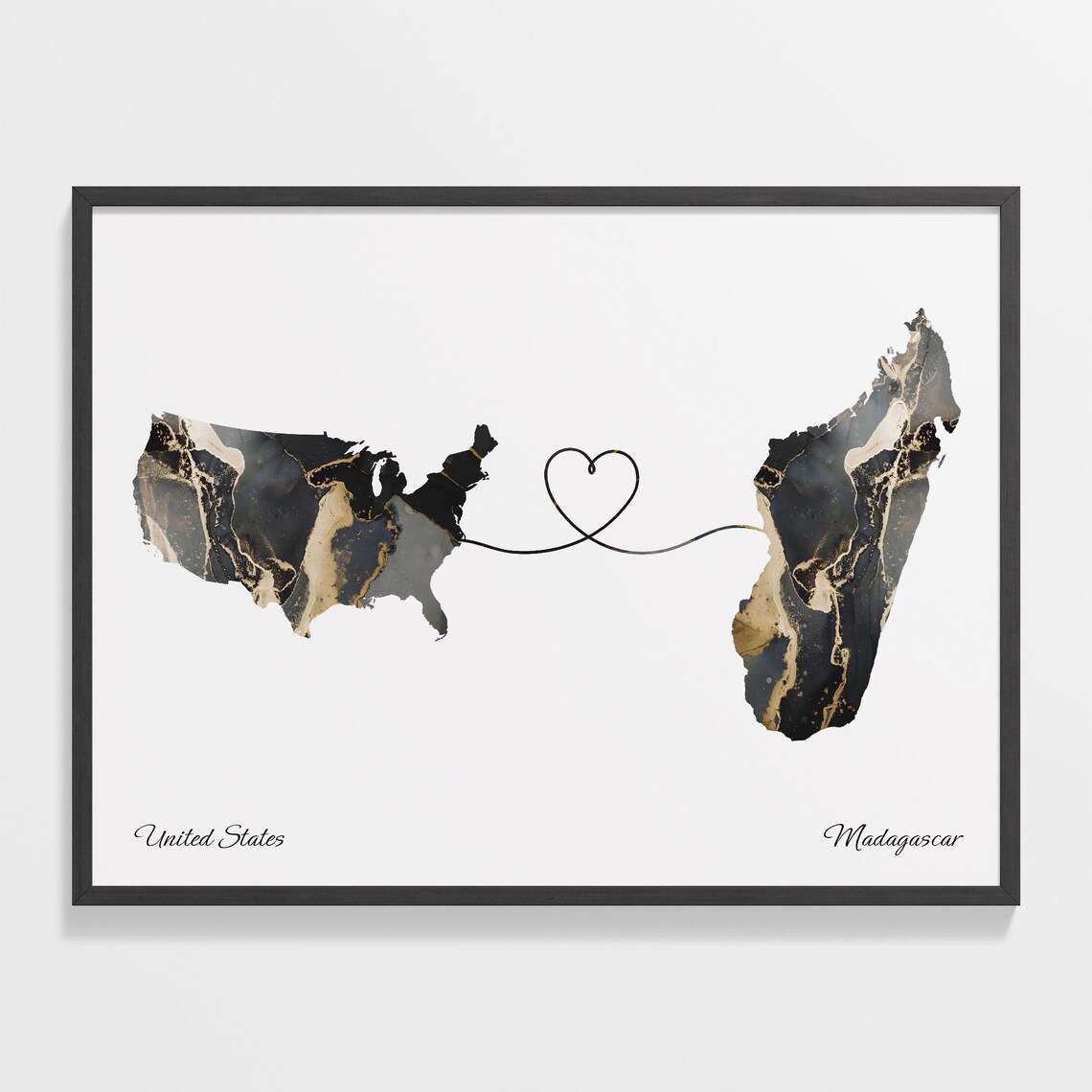 United States and Madagascar Marble Heart Map Long Distance Poster