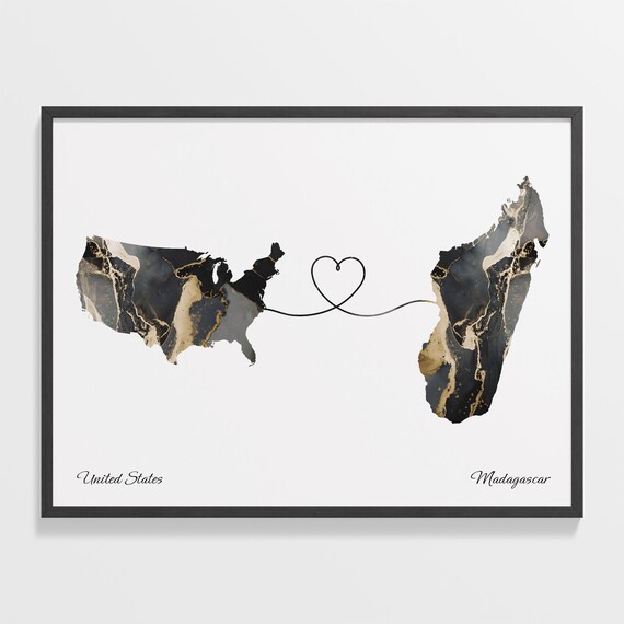 United States and Madagascar Marble Heart Map Long Distance Poster