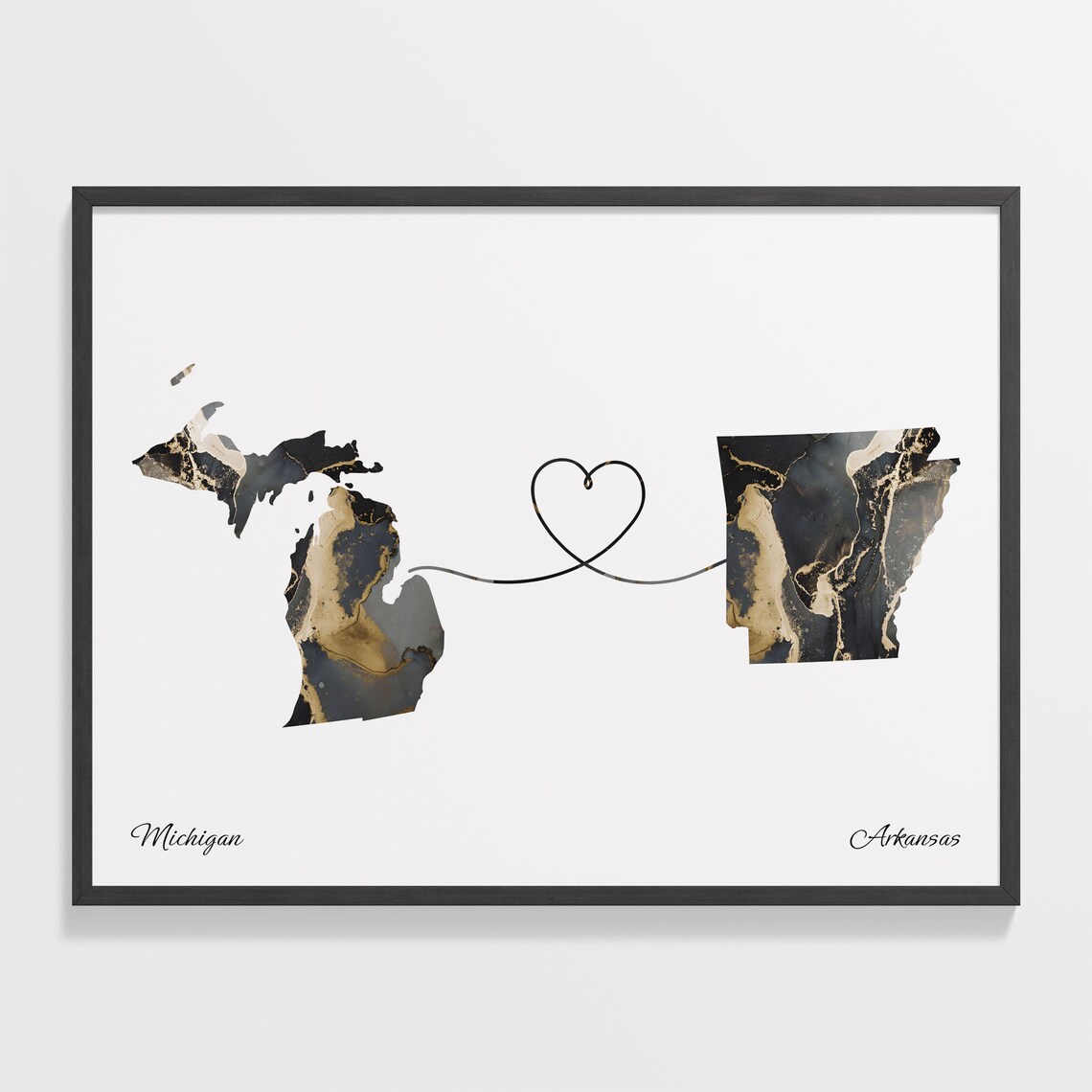 Michigan to Arkansas Black Marble State Map Long Distance Love Poster