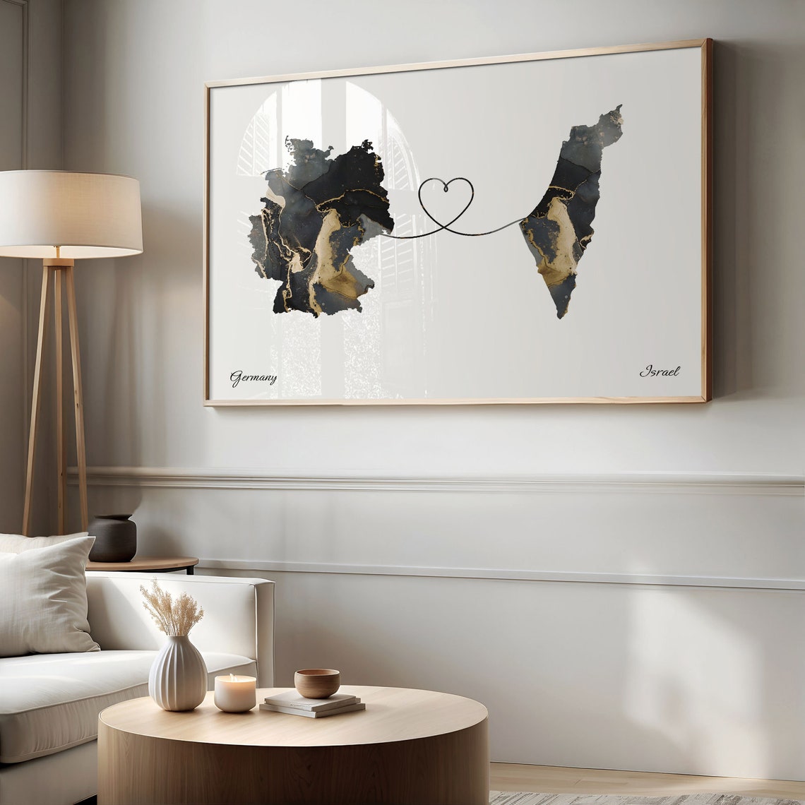 Germany and Israel Marble Heart Connected Countries Map Poster - Image 2