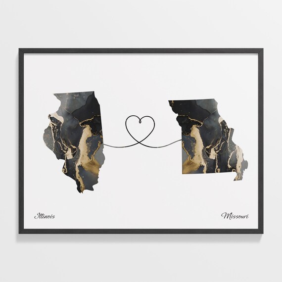 Heart Connection Illinois to Missouri Black Marble Map Poster