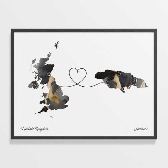 United Kingdom Jamaica Marble Map Print Heart Line Couple Gift