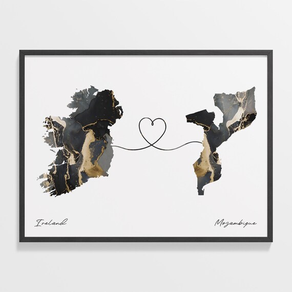 Ireland To Mozambique Black Gold Marble Two Country Heart Map Poster
