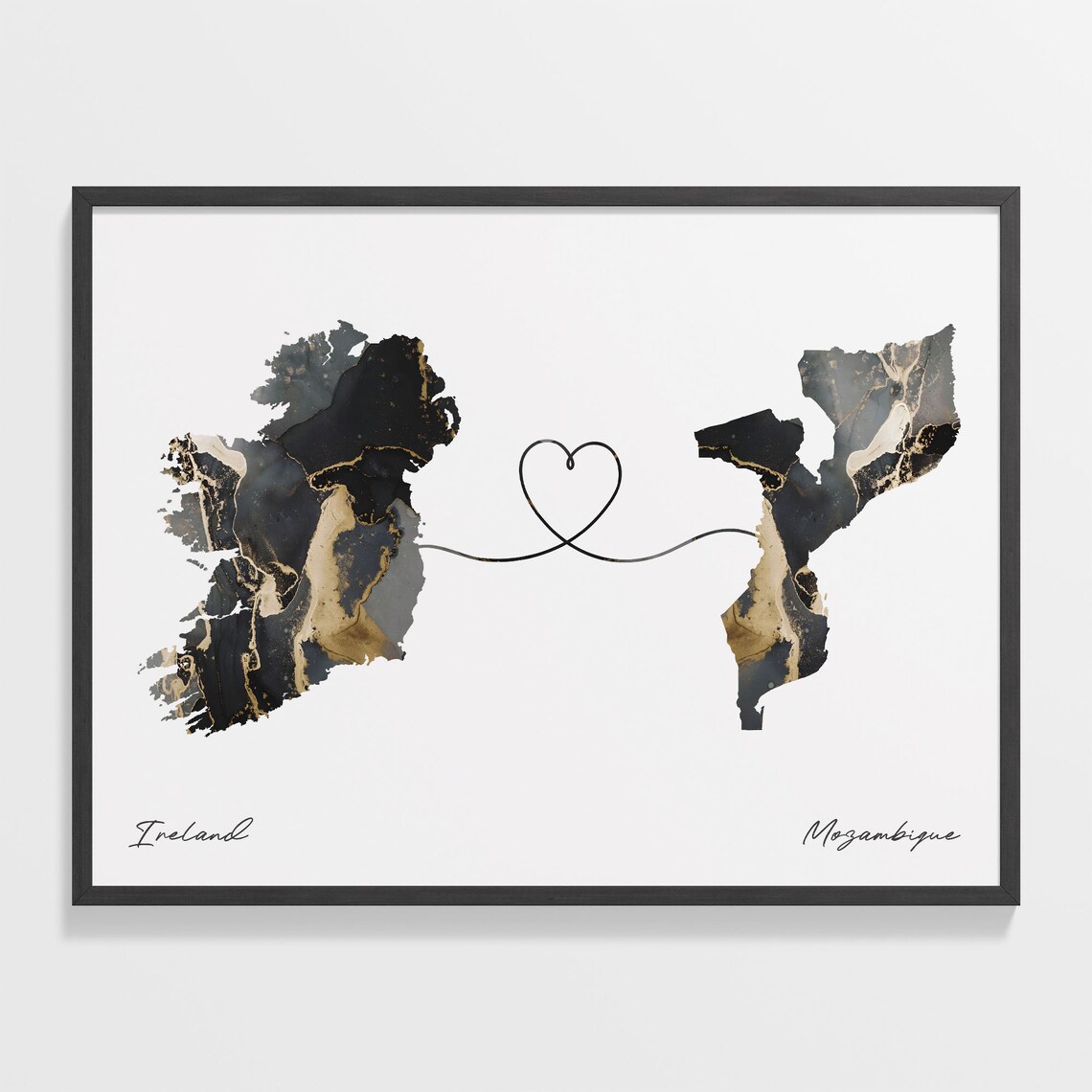 Ireland To Mozambique Black Gold Marble Two Country Heart Map Poster