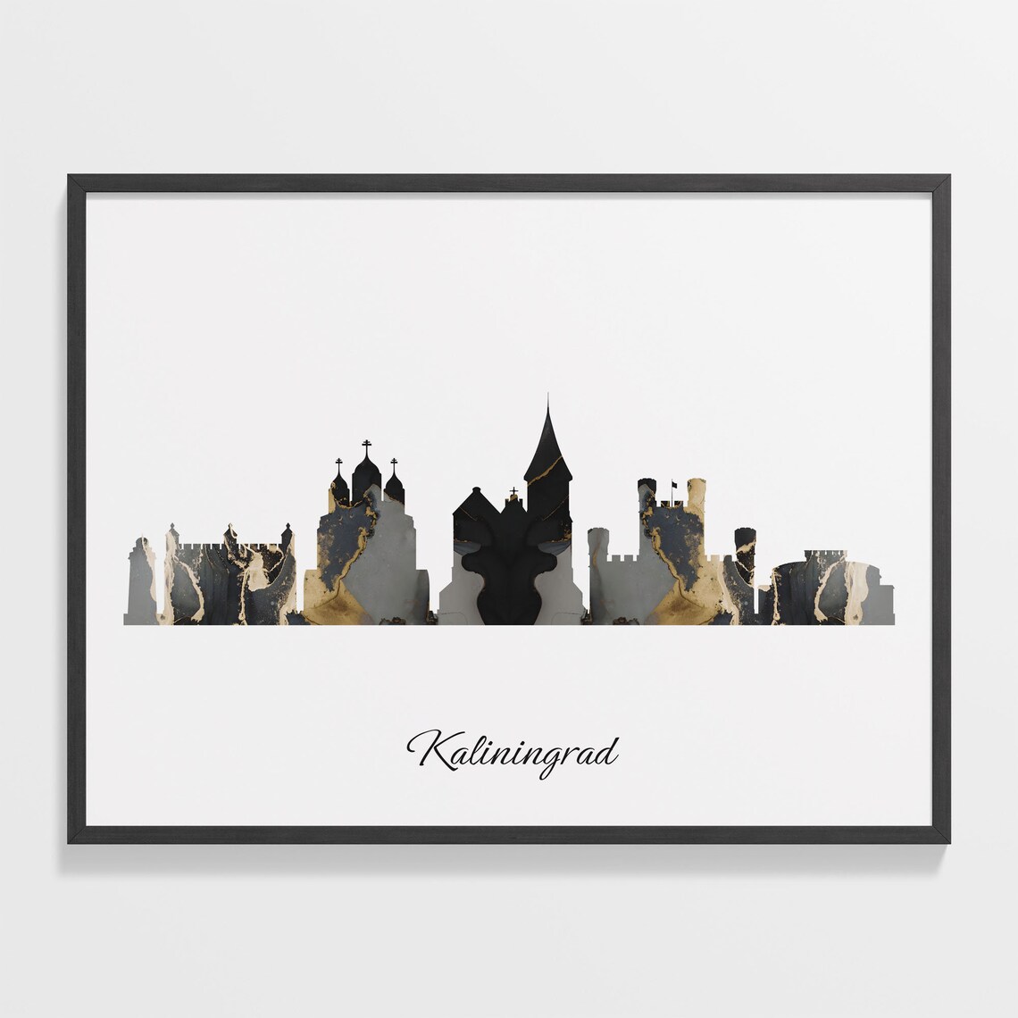 Kaliningrad Skyline Black and Gold Marble Cityscape Art Poster