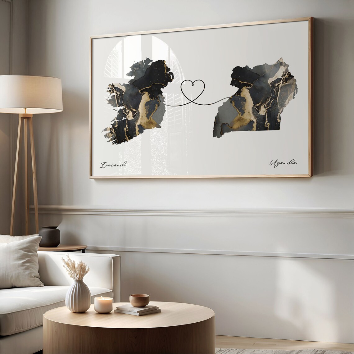 Ireland and Uganda Black and Gold Marble Heart Map Connection Poster - Image 2