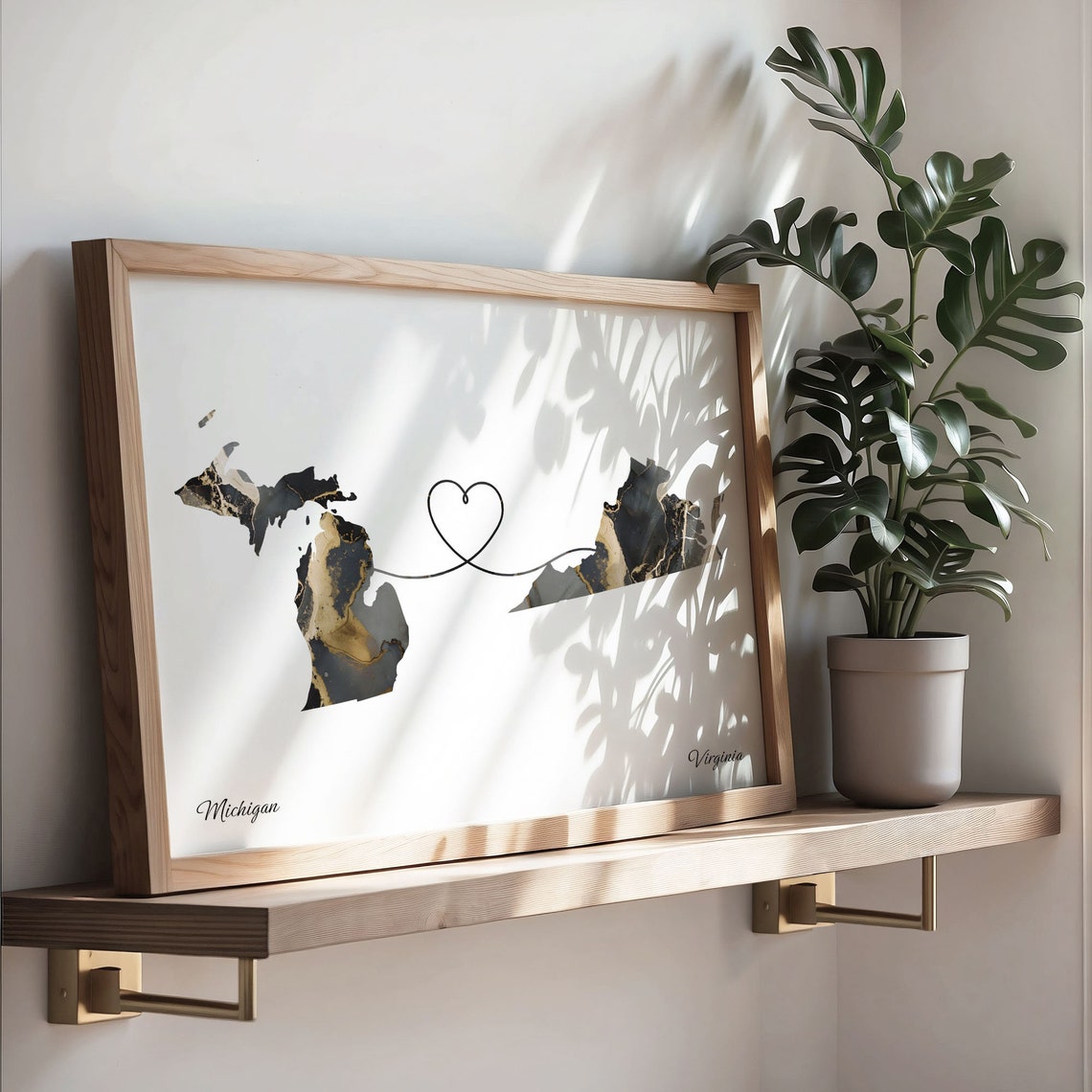 Michigan To Virginia Long Distance Marble Map Heart Print Gift - Image 3
