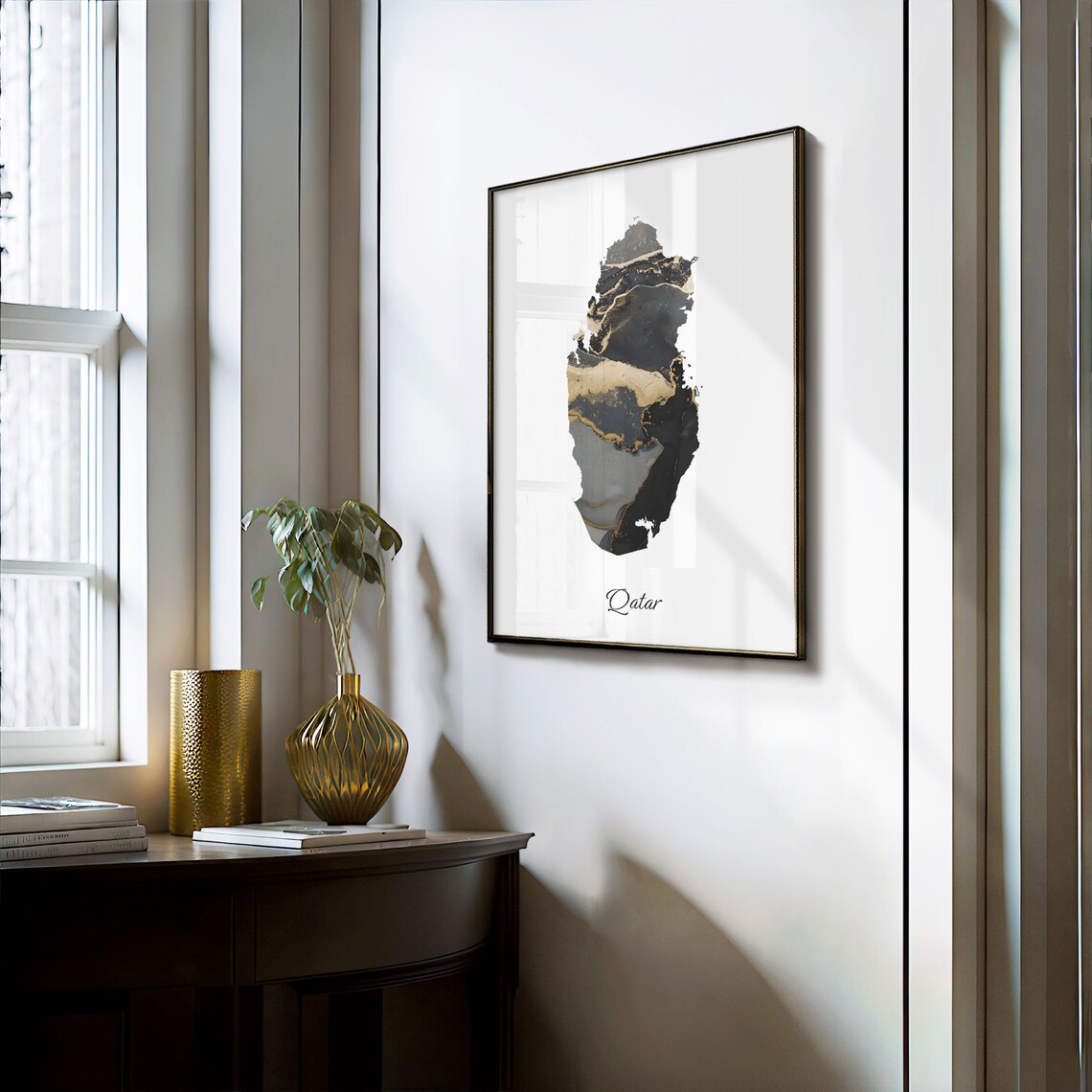 Qatar Elegant Black Gold Marble Country Map Home Decor Art Poster - Image 3