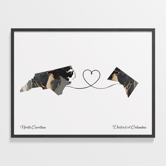 North Carolina District of Columbia Long Distance Love Black Gold Marble Map Poster