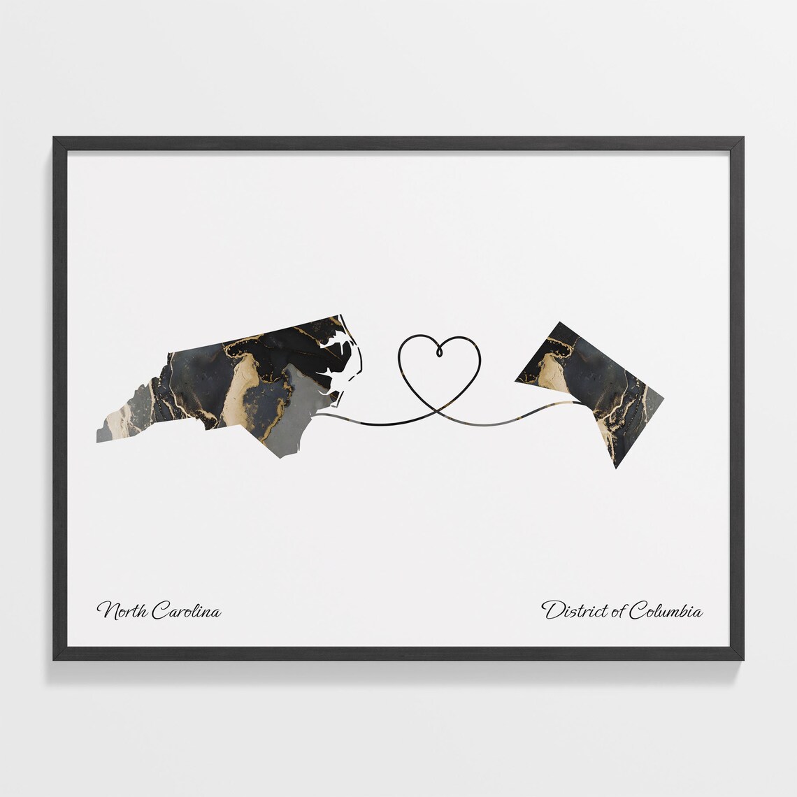 North Carolina District of Columbia Long Distance Love Black Gold Marble Map Poster
